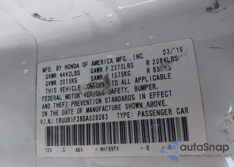 2016 Acura Tlx from USA, damaged, VIN 19UUB1F39GA009093